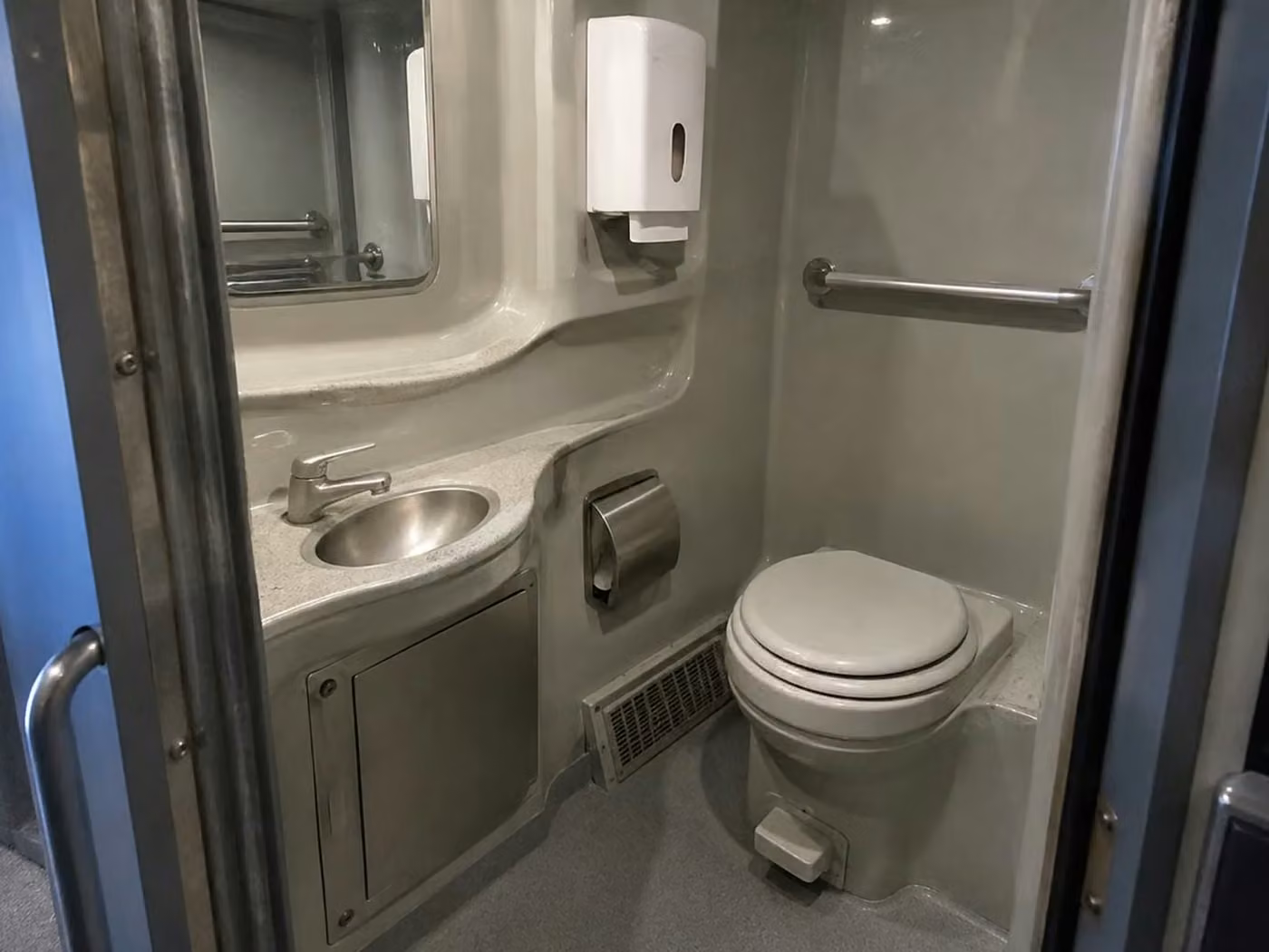 ames 56 passenger charter bus onboard restroom